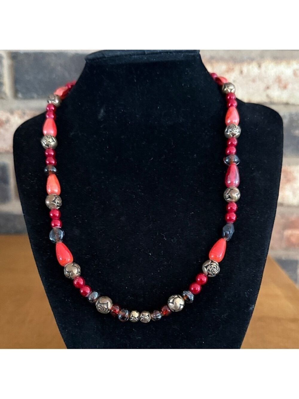 Vintage Red Glass and Bronze Rosebud Beaded Necklace